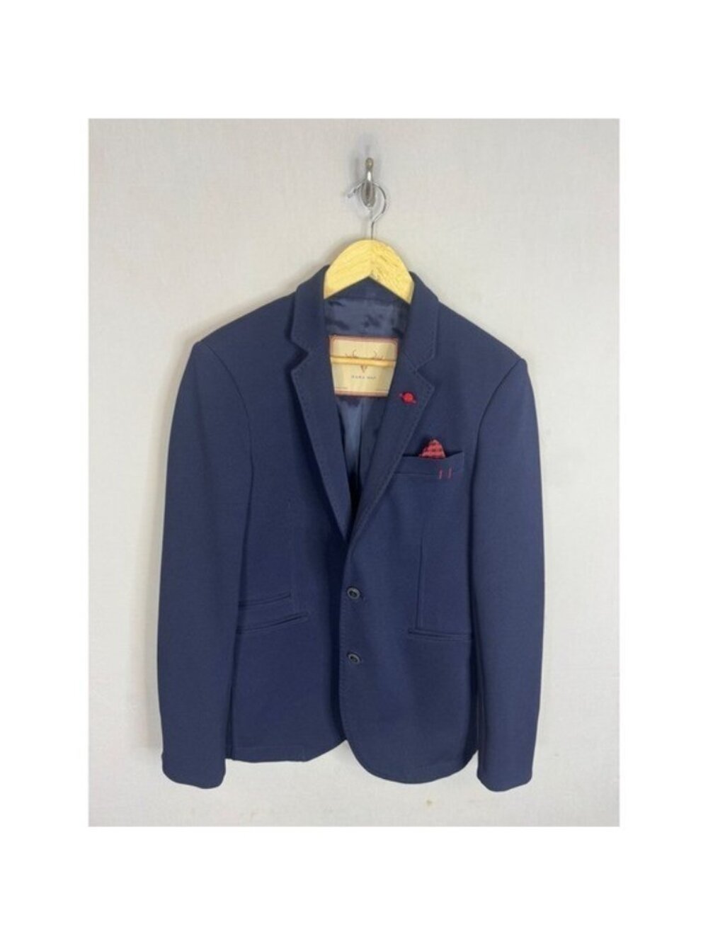 Zara Man Navy Blue Textured Blazer Red Accents Slim Fit Suit Jacket Size 36 US